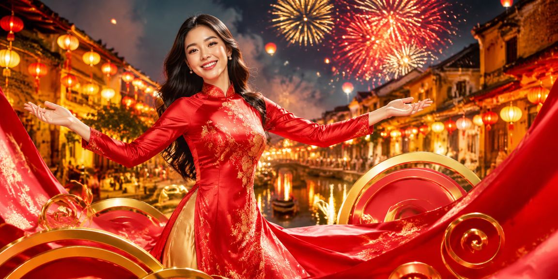 Người dùng mặc áo dài tại Hội An kiểm tra thông tin khuyến mãi và hoàn tiền trên điện thoại